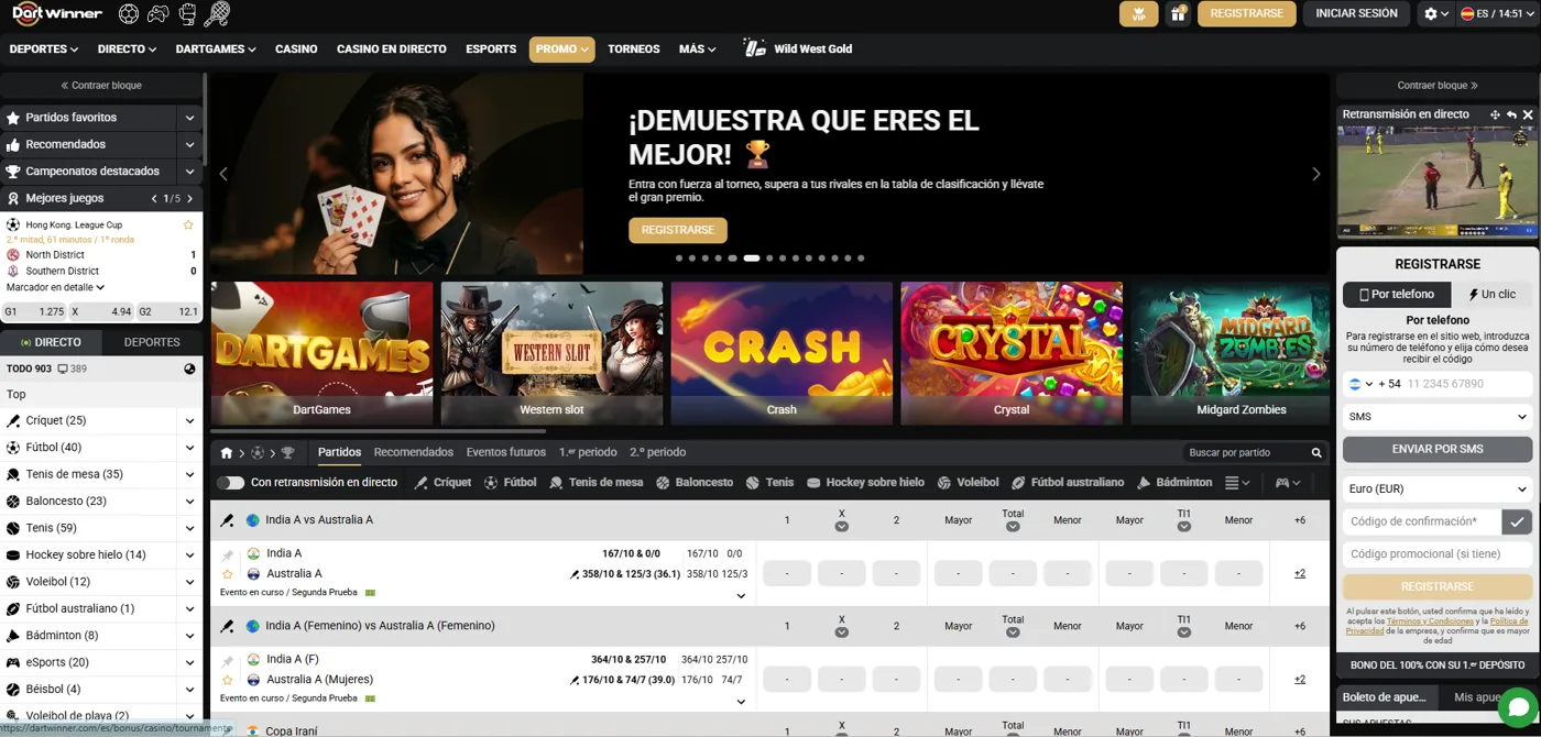 Captura de la sección de apuestas deportivas del sitio oficial de DartWinner con eventos en directo