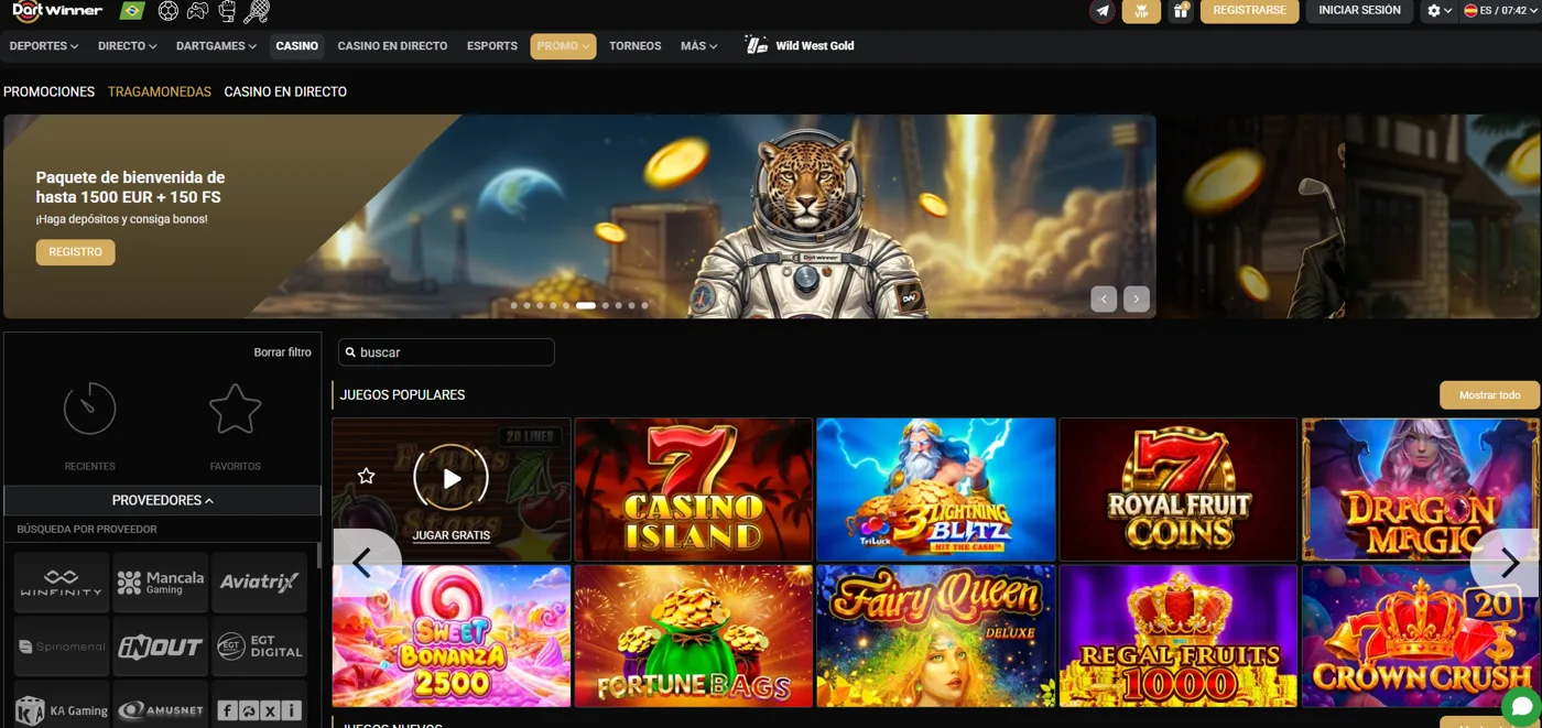 Captura de la sección de casino del sitio oficial de DartWinner con el paquete de bienvenida y los juegos populares